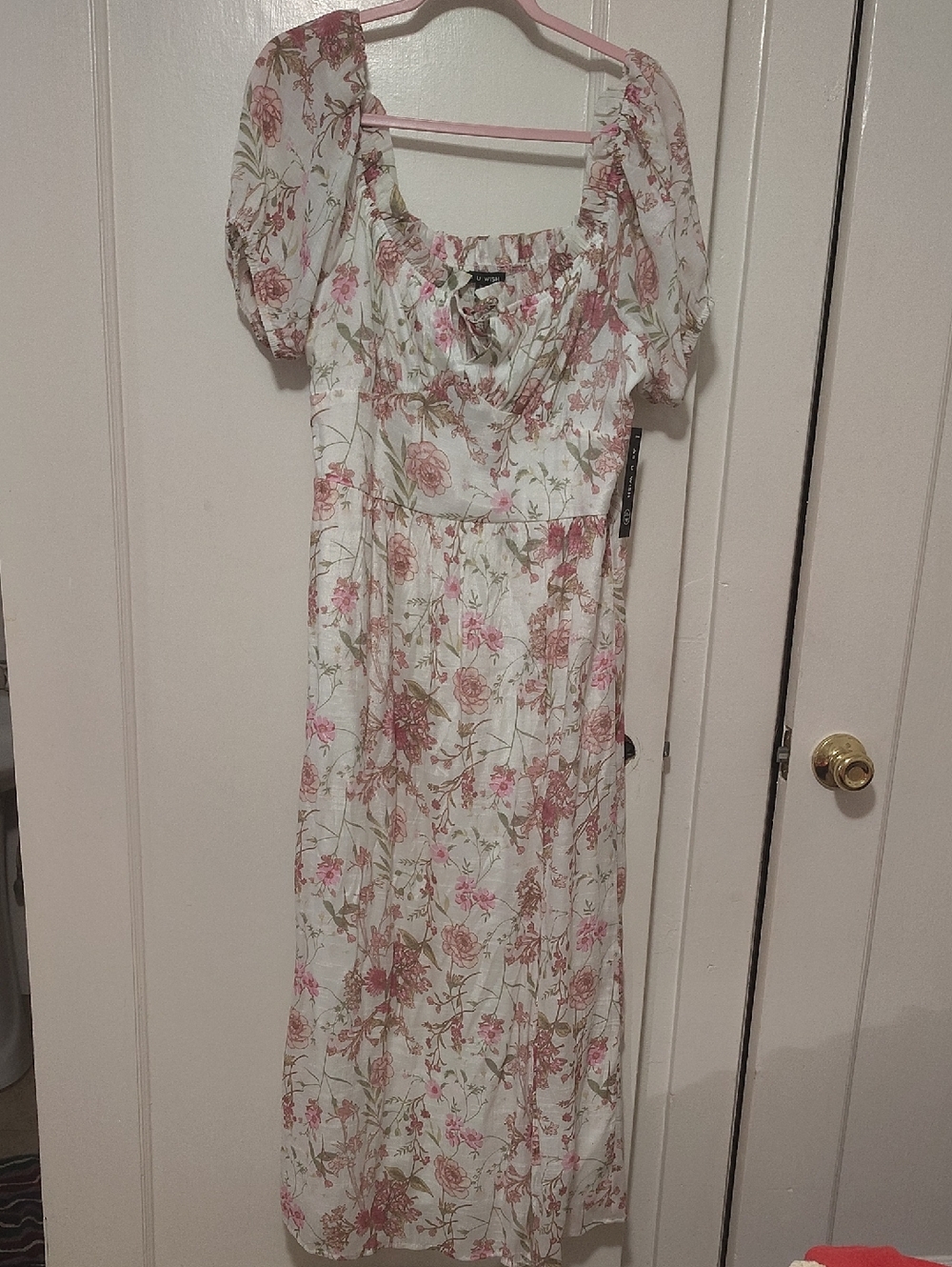 As U Wish Pink and Cream Floral Square-Neck Midi Dress